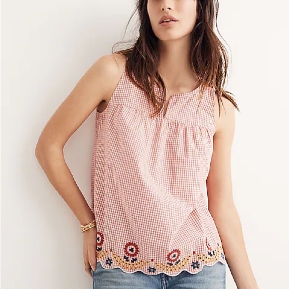 Madewell Tops - Madewell Red and White Gingham Tank Top with Embroidered Scalloped Hem